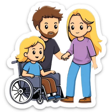 Brown haired man with a beard in a wheel chair with long blonde haired mom pushing sticker