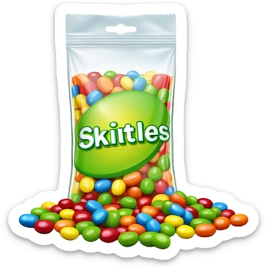 A very colorful Skittles candy package in bright rainbow colors, partially open with only green Skittles visible inside and a few green candies next to it. sticker