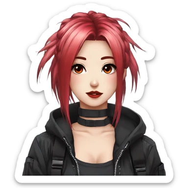 Gorgeous techwear anime style lady with blushing face aesthetic and pretty edgy black red punk hair with hair garment trending style sticker