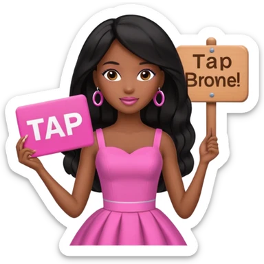 Black barbie, long black  hair, pink dress holding sign, that says tap sticker