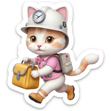 A cute white and pink cat dressed as engineer with a white helmet running very fast carrying her cute bag sticker