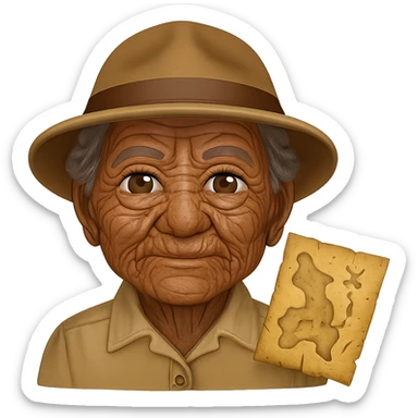 Add many distinct wrinkles at the corners of the eyes and around the mouth to make the woman look older. Keep the brown skin tone, the archaeologist hat, and the small map beside her. The background should be transparent. The original style is emoji style, so maintain the emoji look in the edit. sticker