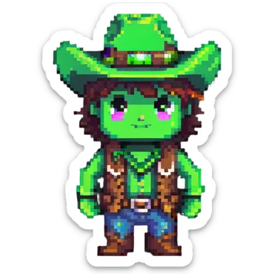 Cowboy character with a bright green hat sticker