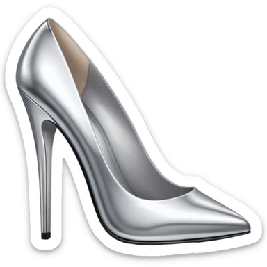 A pair of high heel shoes emoji made of polished silver chrome, elegant sharp silhouette, smooth metallic surface, glossy reflections, luxury sexy vibe, minimalistic iOS emoji style, centered, clean white background sticker