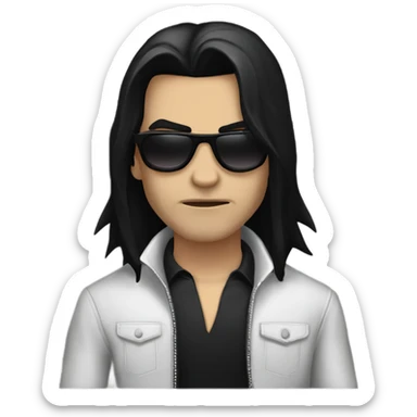 Vampire male, with long black hair, masculine face, fine lips, serious face expression, black sunglasses, lather jacket, underneath black t-shirt sticker