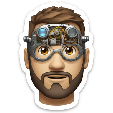 male cyborg head with brown short hair, brown beard, silver steampunk goggles and circuits sticker