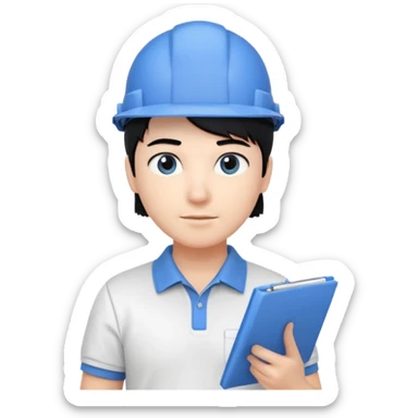 engineer wearing white polo touch of white holding blue print, black hair with headgear sticker