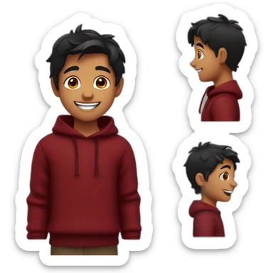 smiling and pointing north indian kid with black hair wearing a dark red sweater sticker
