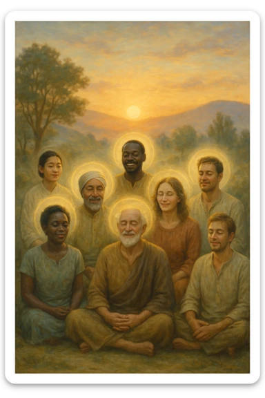 a diverse group of people of different ages and backgrounds sit together in a peaceful natural setting at sunrise, each with serene, joyful expressions. Subtle auras or soft light halos surround them, symbolizing spiritual awakening and inner harmony. The background features gentle hills, trees, and a glowing sky, evoking unity and connection. realistica italiano sticker
