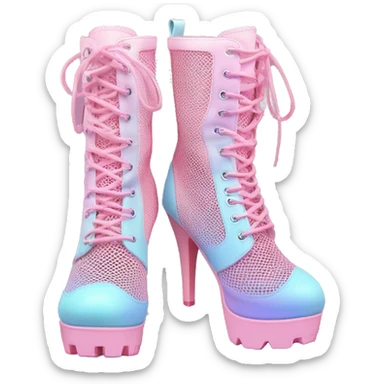 Realistic isolated top front view of a pair of pastel pink to pastel blue ombre pair of cut out mesh high heel combat boots. sticker
