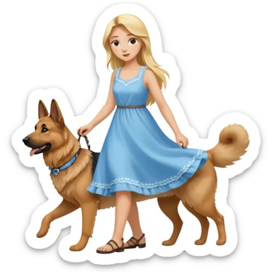 Blonde girl with long hair wearing sky blue summer dress walking her german shepherd sticker