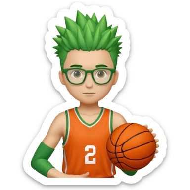 Green-Haired Athlete – Green spiky hair, orange basketball uniform, glasses, holding ball.


 sticker