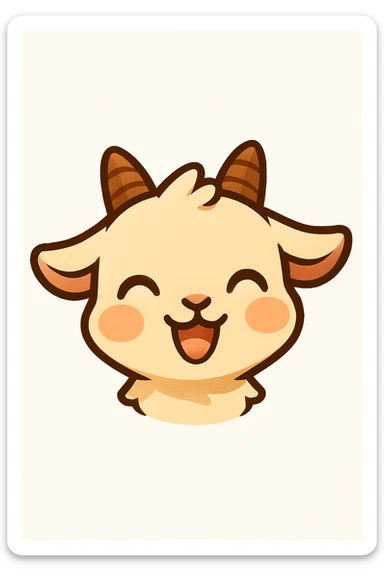 Create a chibi style goat head only with a joyful expression, looking up at the viewer, slight blush on cheeks, no flower, on a white background. Designed for a small emote with clear and cute features. sticker