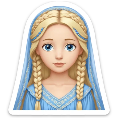 Joven de unos 30 años, de aspecto dulce, elegante.
Piel clara, ojos (pueden ser azules o verdes)
Rubio o castaño largo, con trenzas.
Vestido largo de tonos suaves (blanco, azul o lavanda), con bordados dorados; un manto o toca fina cubriendo la cabeza. Que se vea todo el cuerpo de pies a cabeza sticker