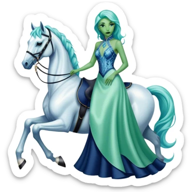 alien reptilian green skin woman, in long slim pastel blue formal party satin dress with gradient shiny sparkling navy blue diamonds embroidered , ride a White horse sticker