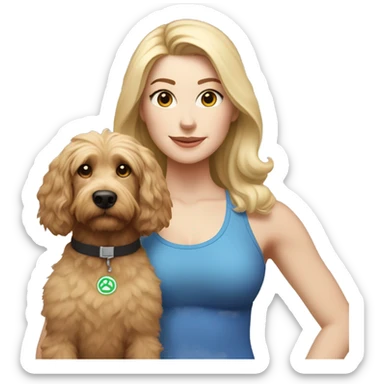 white woman with long blonde hair and cat shaped eyes wearing a yoga outfit standing alongside a tri-colored bernadoodle dog sticker