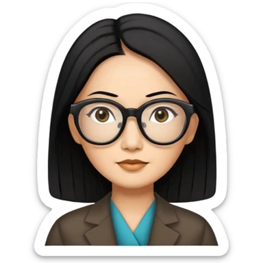 50 yr old asian woman, straight thick long black hair, big black, side part, big glasses sticker