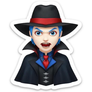 Vampire with blue hat,black coat with read collared ,teeth looks like vampire with aggression on face, full body. sticker
