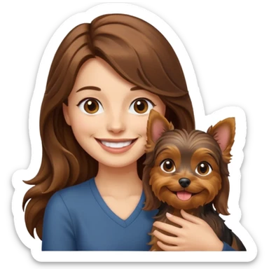 a smiling woman with long wavy brown hair holding a Yorkshire Terrier, emoji style sticker