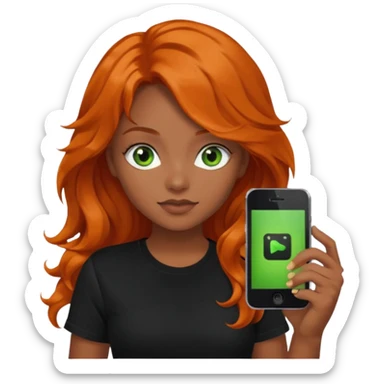 Girl with dark long orange wavy hair, green eyes, and black t-shirt and phone with black  app on hand sticker
