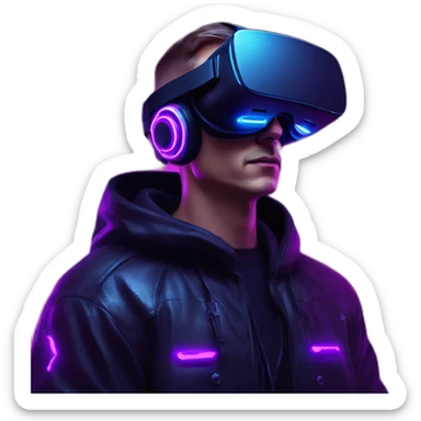 Russian man wearing a black hoodie with "OMG" letters on it and VR headset in a cyberpunk VR environment with violet neon lighting. sticker