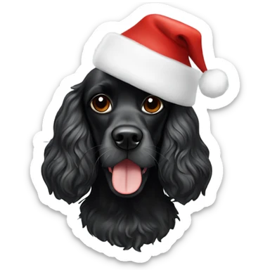 Black cocker spaniel wearing a Santa hat and white sunglasses sticker