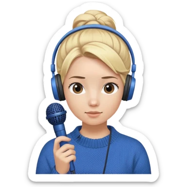 a girl with blue knitwear with a blonde hair
bun and her job is a podcaster (recording microphone in front of her face and a headphone in her head) sticker