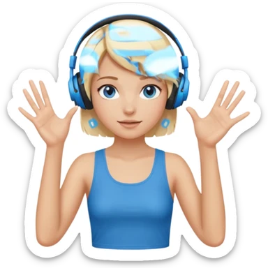 girl with blonde and middle short hair and blue eys with heands telling what, having heaphones on head, and short  sticker
