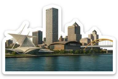 cinematic realistic emoji of Milwaukee wide city view with iconic landmarks Milwaukee Art Museum Fiserv Forum US Bank Center Hoan Bridge lifelike detail accurate colors bright daytime lighting no sky no clouds no city name label sticker