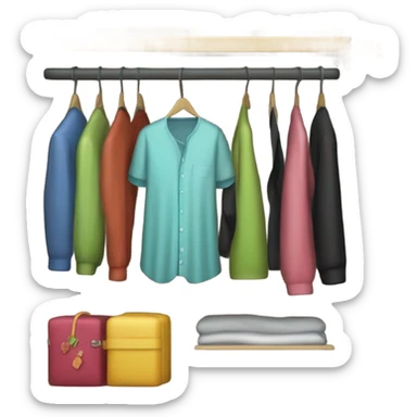Design an emoji-style icon of an open wardrobe with clothes hanging inside. Include details like a wooden frame, hangers, and only black or white different clothing items such as shirts or any other clothing . Use a clean and minimalistic design. sticker