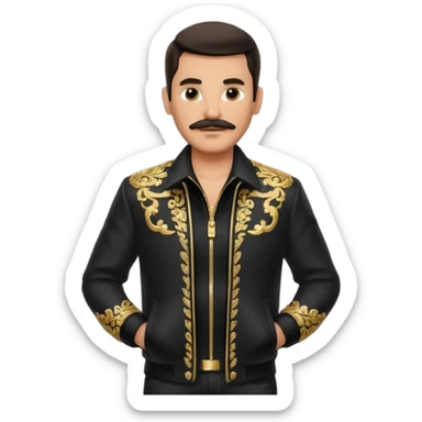man with dark slicked-back hair, mustache, ornate gold and black jacket, black shirt, hands in pockets, confident pose sticker