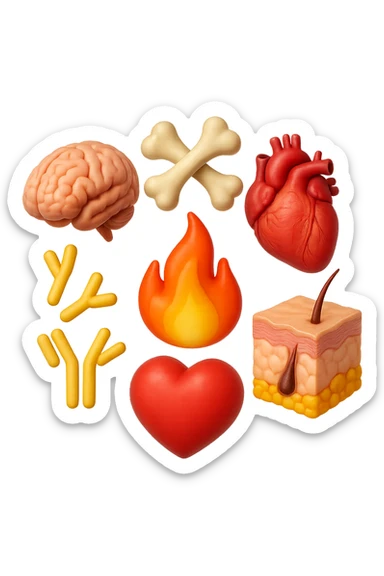EMOJI STILE IPHONE 3D DI cervello, ossa, cuore, porzione di epidermide e cellule di anticorpi che girano in tondo, al centro di questi elementi c'è una fiamma 3d  FALLO MOLTO REALISTICO IN 3D sticker
