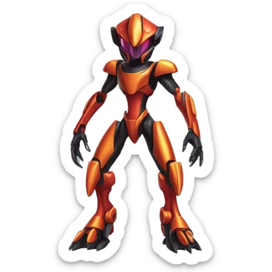 a shiny metallic black-red-orange Genesect-Flygon-Raptor-Fakémon-Medabot-hybrid with a futuristic visor-helmet full body sticker