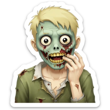 faça um homem zumbi, de cabelo baixo mostrando o dente de ouro, com a mão na boca sticker