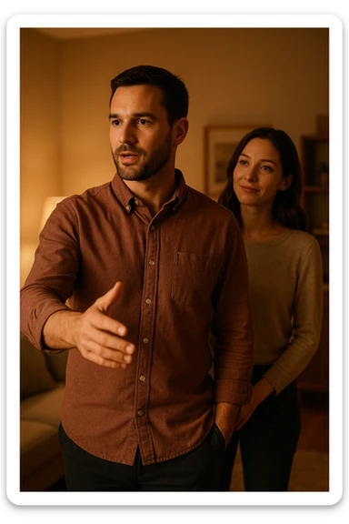 a woman stands slightly behind a man in a domestic setting, looking at him con fiducia e attesa. Il man is upright, with a confident and decisive posture, gently gesturing as if giving direction. The woman’s body language is relaxed and receptive, showing that she trusts and follows his lead. The background is warm and softly lit, emphasizing the couple’s dynamic. sticker