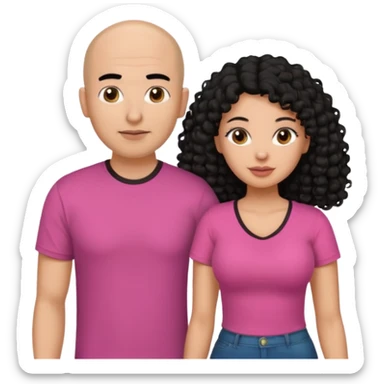 A picture if a couple. the man is a Mexican man with  black hair, a bald hair cut and with a black t-shirt on. the woman is mixed with black and white, with brown curly long hair and a pink shirt on and big boobs sticker