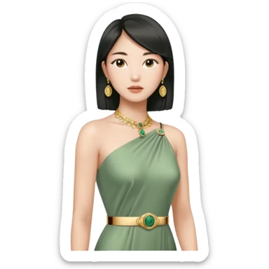 Aesthetic rich Asian woman in sage green Versace dress and Cartier jewelleries, side view sticker