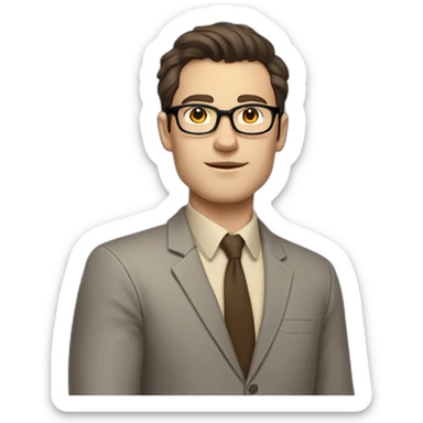 Full height Pale skinned fit man with dark brown hair in gray jacket, beige office shirt, brown tie, brown pants and vintage glasses. His right hand stretched out sticker