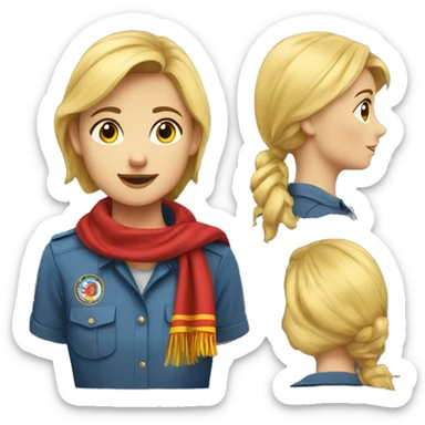 A scout girl with blond hair with a knotted red and yellow scarf and blue scout shirt sticker
