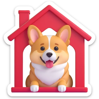 red dog house with a Corgi dog inside, Corgi peeking out, semi-realistic with emoji-like face and proportions sticker
