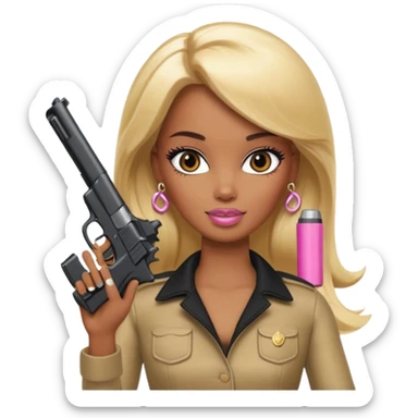 Brown skin blonde hair barbie with black gun sticker