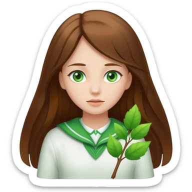 Girl with long brown hair and green eyes and a white ahirt sticker