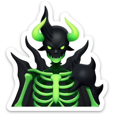 Horned Evil Cool Handsome Badass Edgy Obsidian-black and neon-glowing-green skeletal Meloetta-Salandit-Gorebyss-Zygarde-Pokémon-Fakémon-creature-fusion-hybrid sticker
