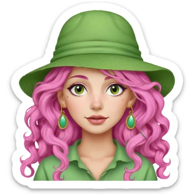 pink haired very long curly haired woman with full full face light green clay mask  and big earrings and hat sticker