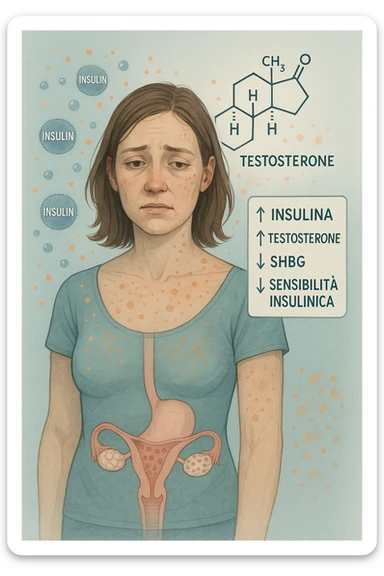 Donna tra i 25 e i 35 anni in primo piano, con espressione affaticata. Intorno al suo corpo appaiono in modo stilizzato e simbolico squilibri ormonali: molecole di insulina in eccesso fluttuano attorno, androgeni (testosterone) evidenziati sopra la testa, segnali visivi di infiammazione cronica lieve. Sopra le ovaie (visibili in trasparenza) compaiono piccole cisti multiple. Accanto a lei, un diagramma stilizzato mostra: '↑ Insulina', '↑ Testosterone', '↓ SHBG', '↓ Sensibilità insulinica'. L’atmosfera è scientifica, educativa ma empatica. Stile realistico con elementi infografici fluttuanti e colori freddi ma puliti. in italiano sticker
