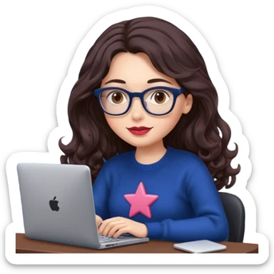 a white young woman with very long wavy dark brown/chocolate hair typing in a computer. she's using glasses, her lips are light red and her cheeks slightly pink. Her eyes are dark brown. She's using a dark blue knit sweater that has a tiny star in the middle   sticker