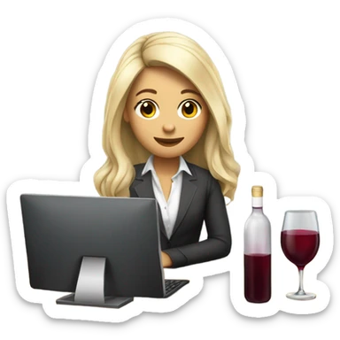 Cute office working brunette with blonde highlights drinking wine while at computer long hair fair skin sticker