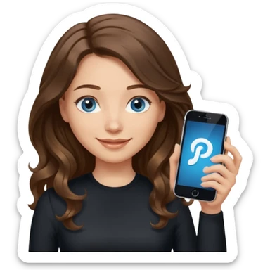 generate a pretty woman with blue eyes, light skin and long and really wavy shiny medium brown hair holding a phone while looking down at the screen. she is wearing an ALL black long sleeve. she is smiling sticker