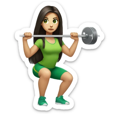 girl with long dark brown hair and green eyes squatting with a barbell sticker
