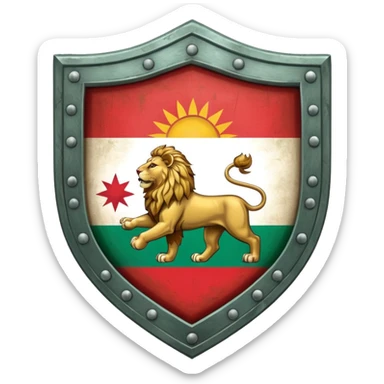 rectangular shield with the flag of Iran, with a lion and a sun sticker